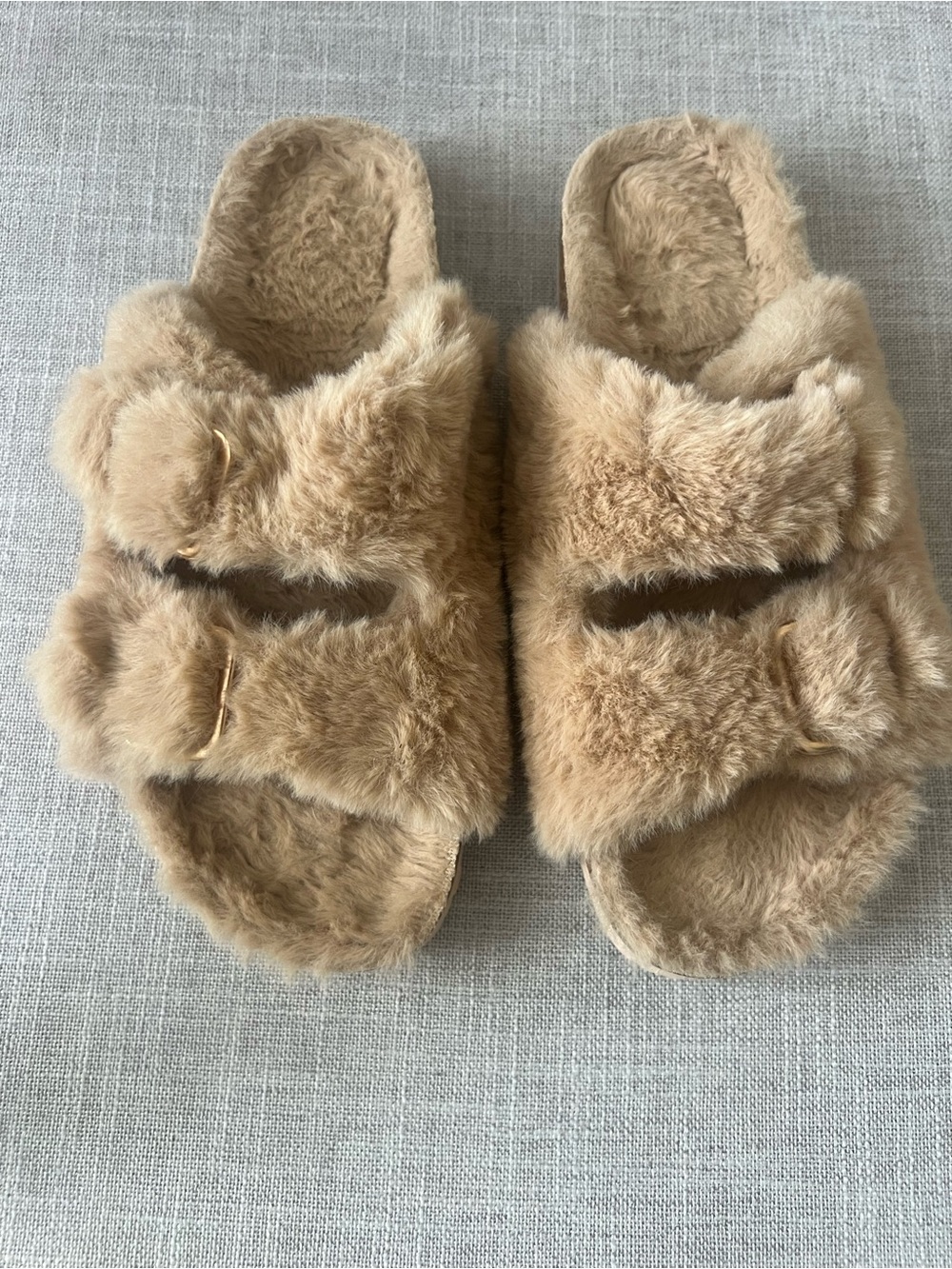 Fitory tan Double strap Slide Sandals, women’s 7, cozy faux fur fall casual
